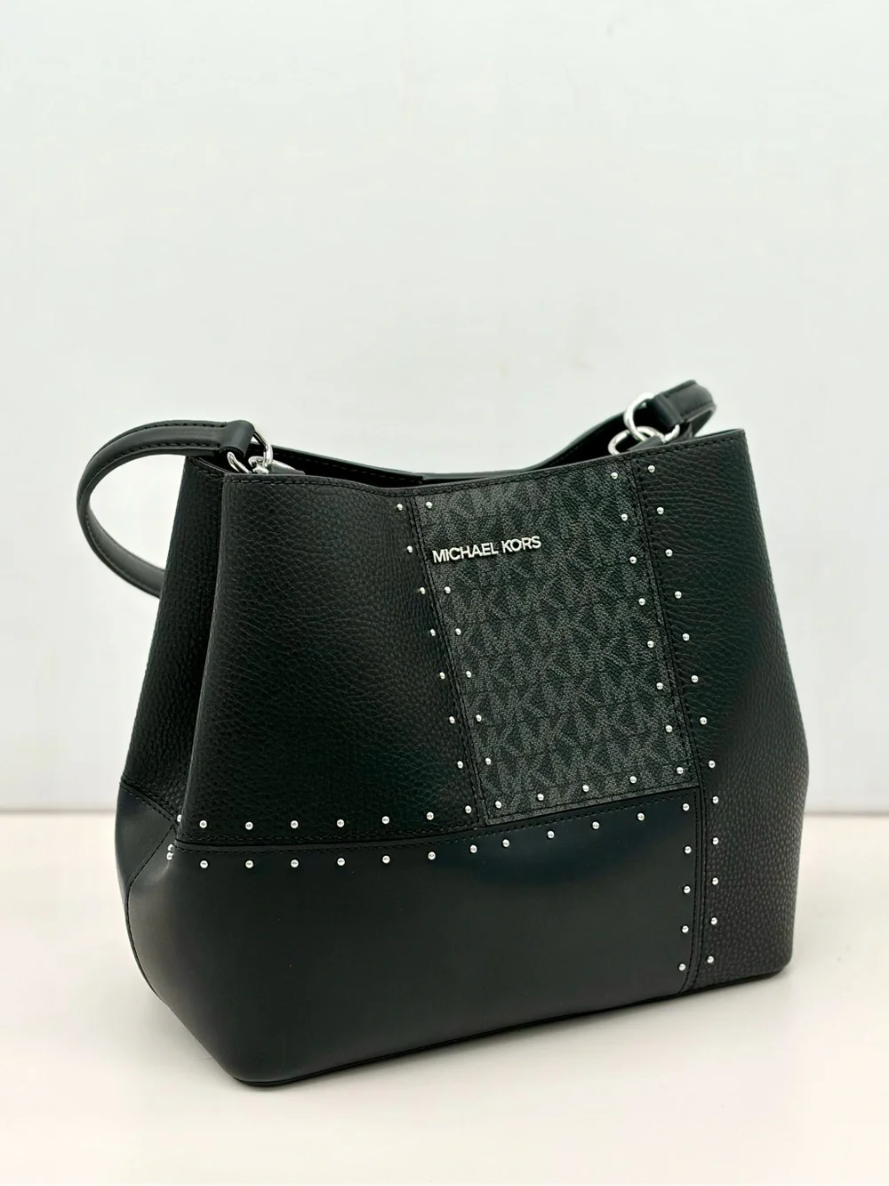 Michael Kors Black PRATT Studded Monogram Medium Shoulder Bucket Bag